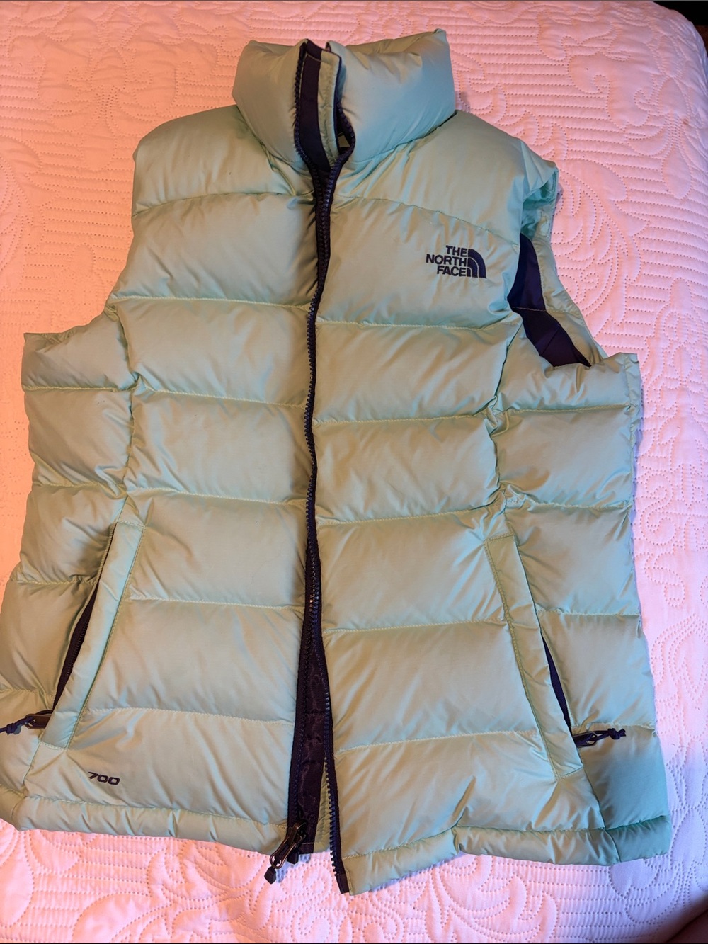 The North Face Light Mint Green Puffer Vest with Black Trim